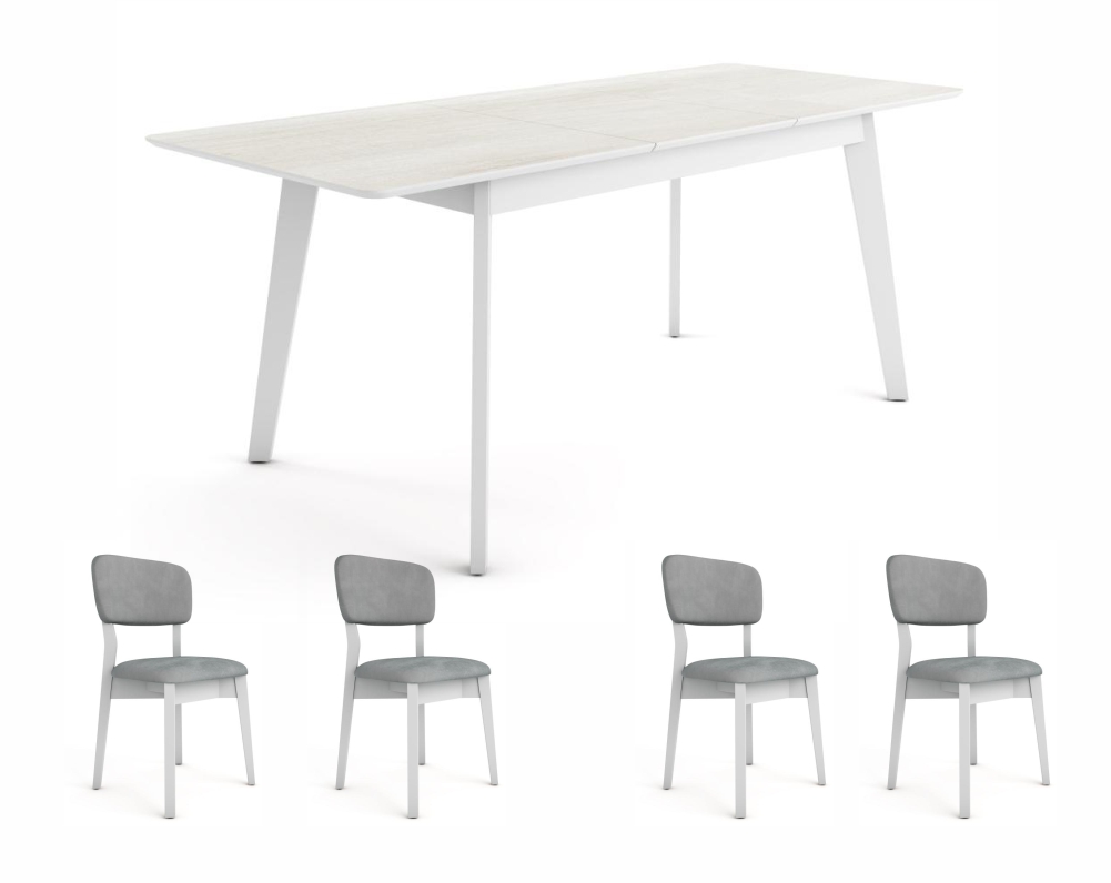 SET MESA HEDDA  EXTENSIBLE 1,50 BLANCO/HELSINKI + 4 SILLAS SILLA EYRA L/BLANCO CHENILLE CENIZA 